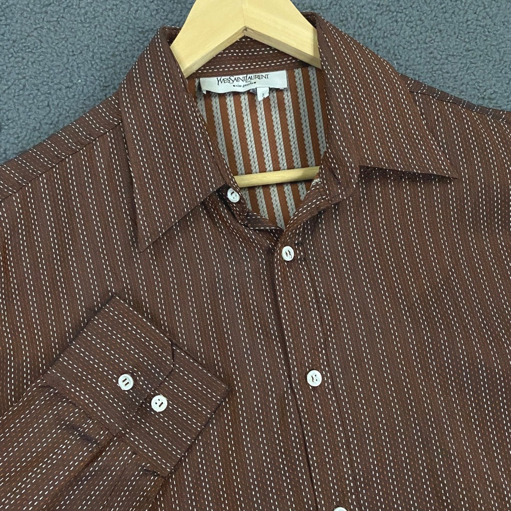 Yves Saint Laurent Shirt Mens 43/17 Brown Striped Silk Metallic Rive Gauche VTG